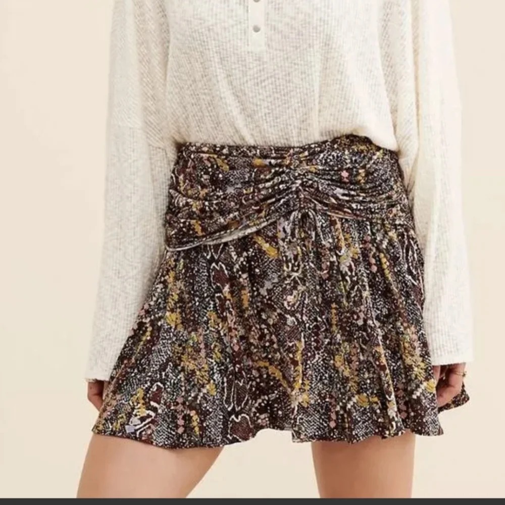 Free People Ruched Snake Print Mini Skirt Brown Yellow Boho Festival Size Small